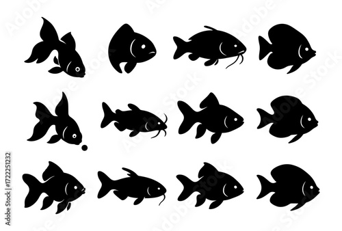 Silhouette collection of aquarium fish icons: goldfish, catfish, angelfish