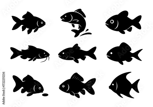 Silhouette collection of various fish illustrating different poses and movements