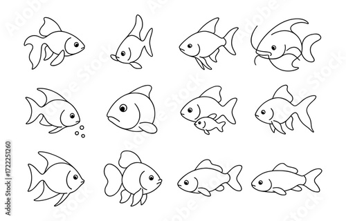 Set of hand-drawn fish outlines featuring various aquarium and ocean species