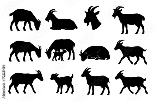 Silhouette goat collection: grazing, standing, and laying poses
