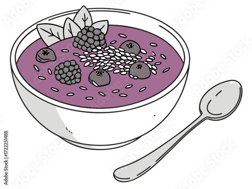 Smoothie with chia seeds and mixed berries in a white bowl