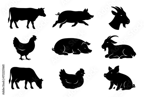 Farm animal silhouettes: cows, pigs, goats, and chickens in simple black designs