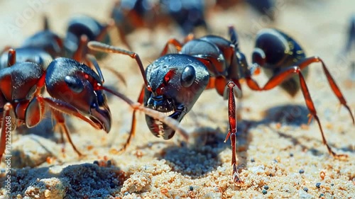 Close-up of aggressive black ants on sandy ground, showcasing intricate details and interaction