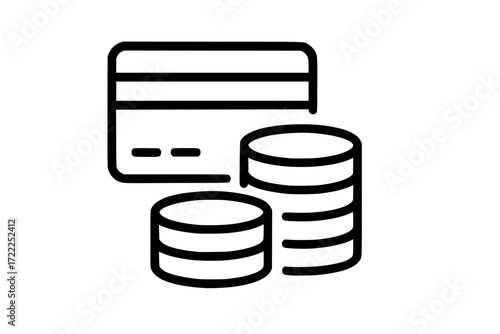 Credit card and money coin stacks line icon for financial transactions
