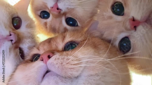 Group of curious cats looking down together