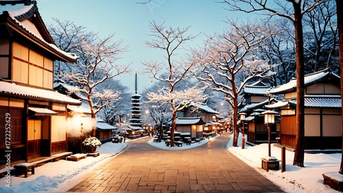 Stunning winter wonderland scene of a traditional Japanese village street with snow-covered trees and buildings, evoking a sense of peace and tranquility