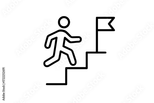 Man running up stairs towards a business goal flag
