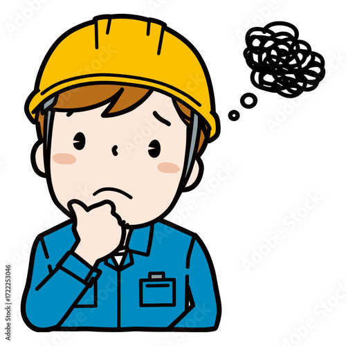 Confused construction worker in yellow helmet with scratchy blue uniform symbolizing doubt, worry, and challenge  
