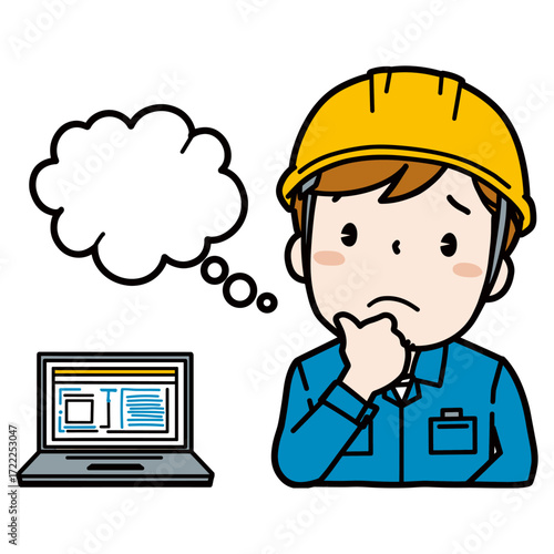 Thoughtful construction worker in yellow helmet with scratchy blue uniform using laptop symbolizing doubt, planning, and problem solving  
