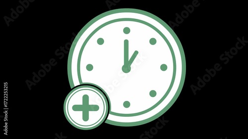 video animation icon clock and plus symbol in extra time concept, on a transparent background with alpha channel set to zero