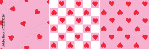 Checkerboard red hearts. Vector seamless pattern. Pink background. sketchy doodle. hand drawn abstract style. lattice print. Love heart shape. Pretty Valentine's day. girly cute design. Illustration