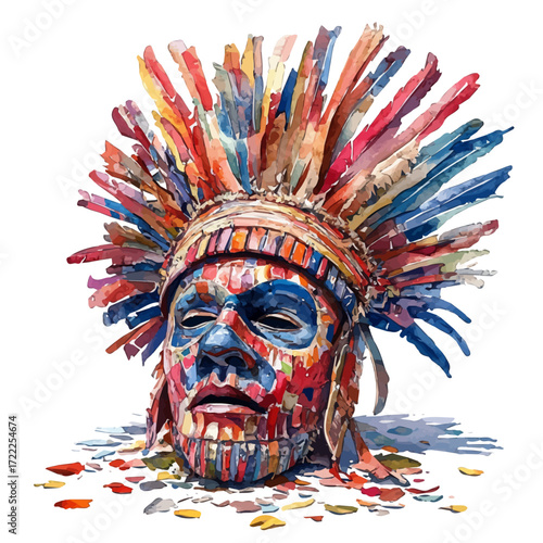 watercolor of Bolivian Ritual Masks, vector, isolated on a white background.