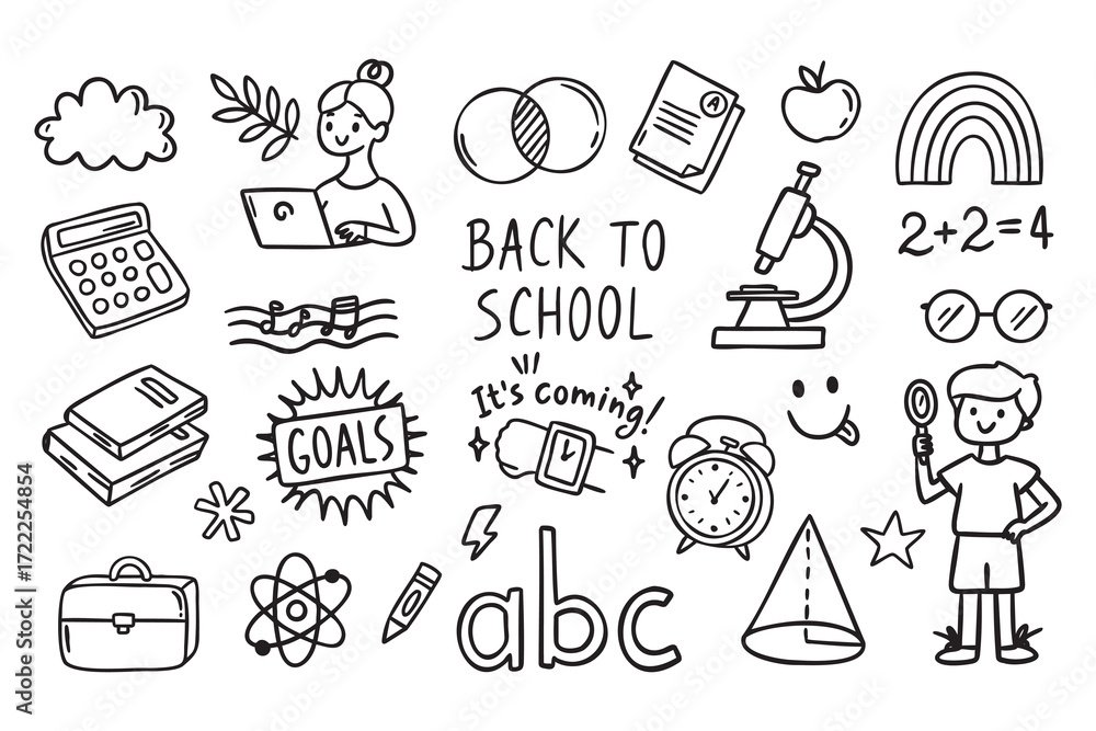 Fototapeta premium Back to School set, boy with magnifier, girl with laptop, ABC and exam, apple and microscope, rainbow and glasses, line art outline contour monochrome hand drawn