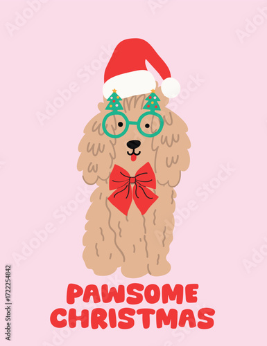 Cute Christmas dog illustration with Santa's hat and Christmas tree glasses. Vector holiday slogan with red ribbon and bow. cartoon sketchy child like.  On pink Background For girls or ladies fashion.