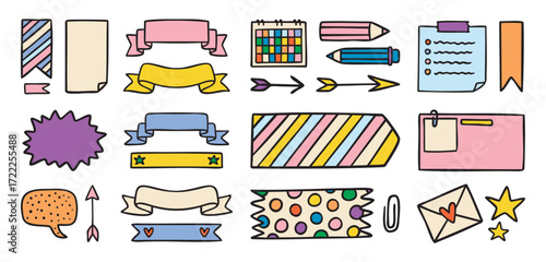 Planner stickers for notes, labels, pencils and stars, colorful, hand drawn