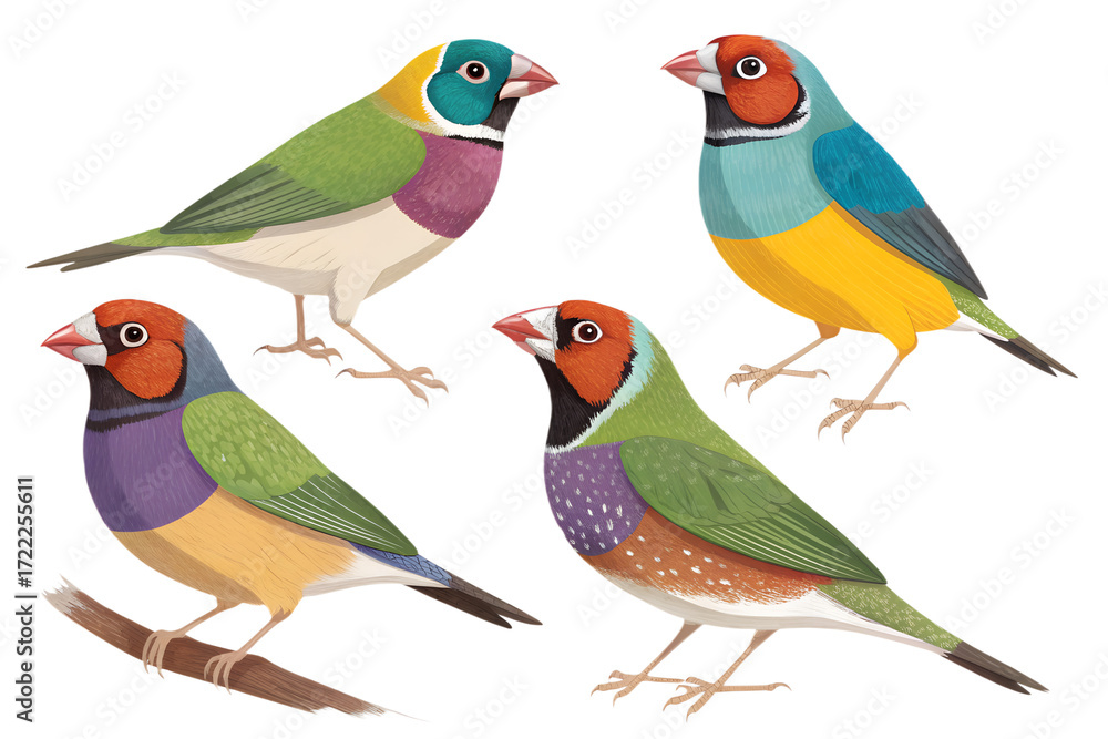 Obraz premium Various Gouldian Finches PNG – Colorful Cartoon and Realistic Bird Illustrations on Transparent Background