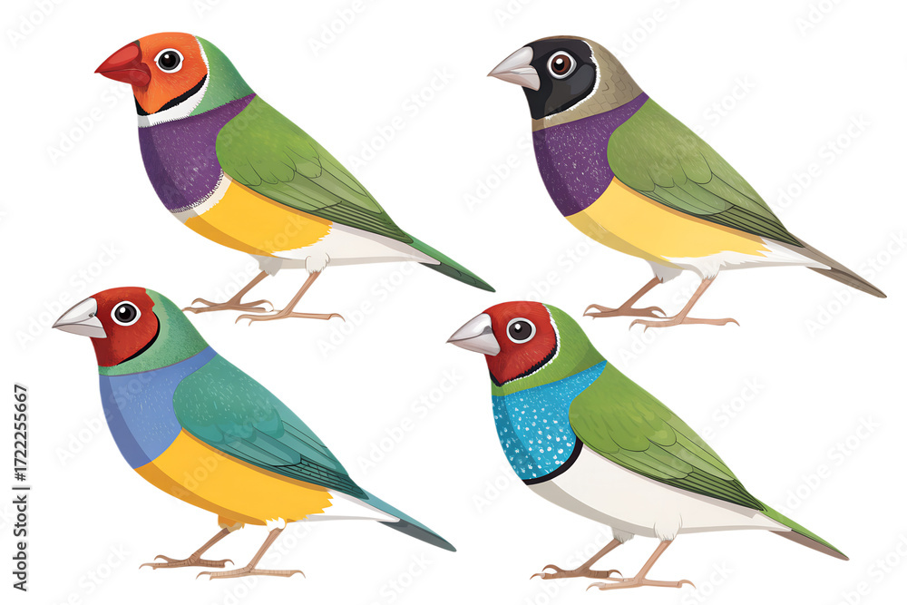 Obraz premium Various Gouldian Finches PNG – Colorful Cartoon and Realistic Bird Illustrations on Transparent Background