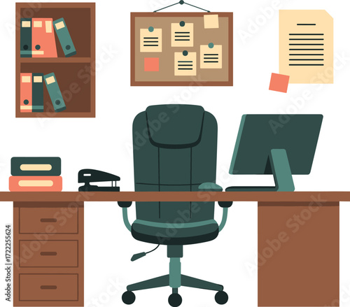 A modern office desk setup with computer and chair