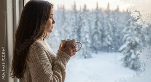 Woman with mug looking out window at snowy forest landscape winter scene.