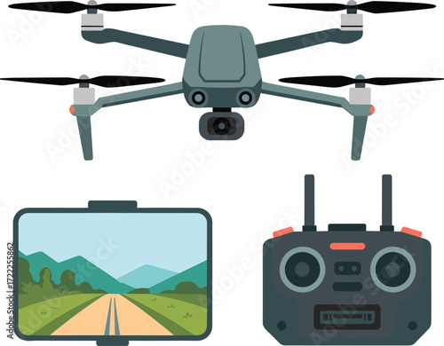 Drone quadcopter with remote control and smartphone screen showing landscape