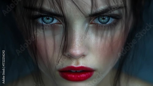 Close-up portrait of a woman with striking blue eyes and bold red lips, framed by dark hair