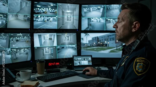 Security guard monitoring multiple surveillance camera feeds of parking lot and building at night in a control room, footage.