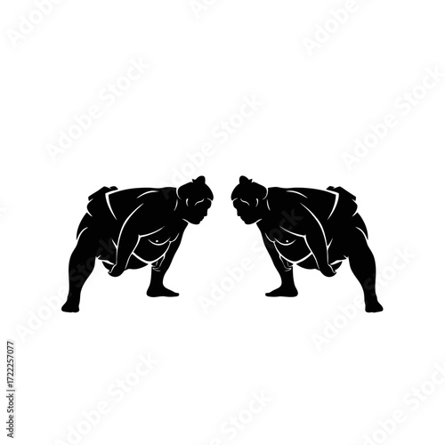 Black silhouette of two traditional Japanese sumo wrestlers in a ready stance. Vector illustration icon of a national sport, isolated on a white background
