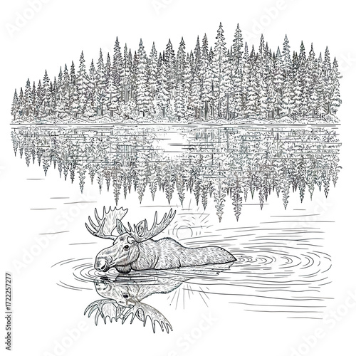 Detailed Wildlife Vector Illustration of Moose Swimming with Pine Tree Forest Reflection in Monochrome Style