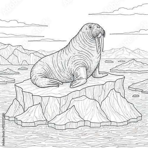Illustration Vector of Walrus on Iceberg in Arctic Landscape with Black White Line Art