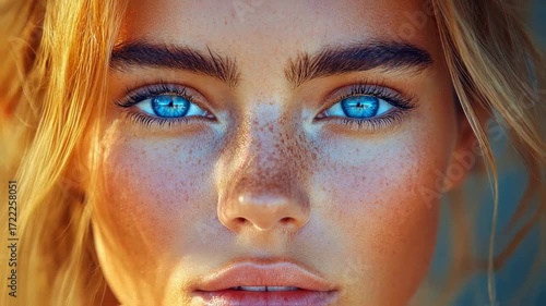 Close-up portrait of a young woman with striking blue eyes and freckles, set against a soft background