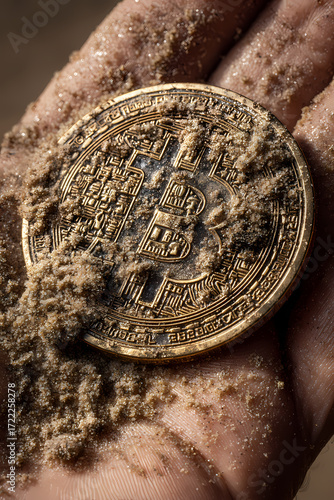 Ancient Bitcoin Coin in Hand, Biblical Desert Scene,