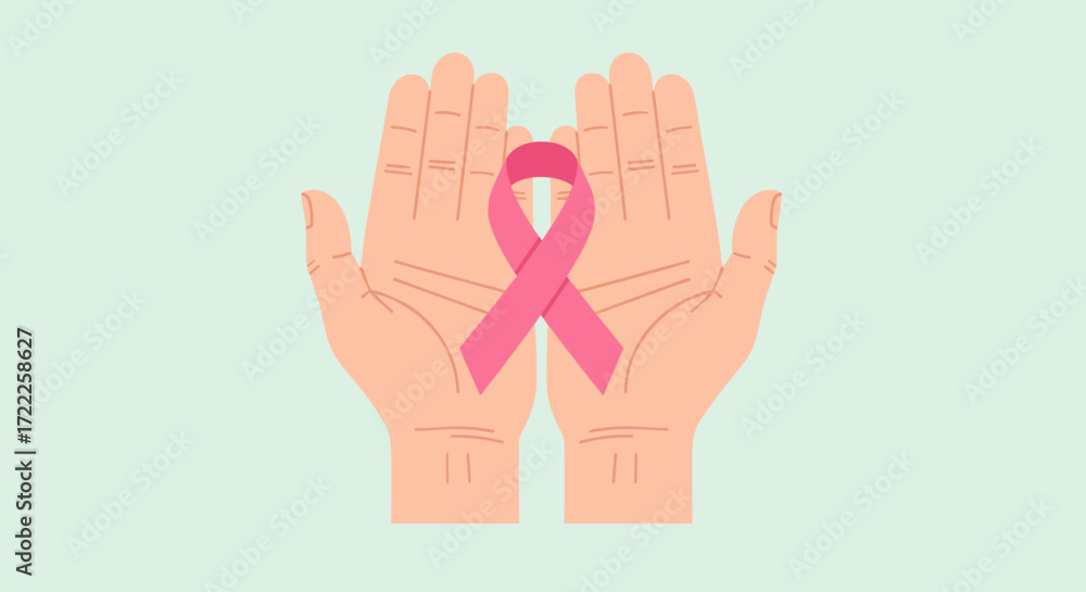 Obraz premium Hands holding pink ribbon for breast cancer awareness support