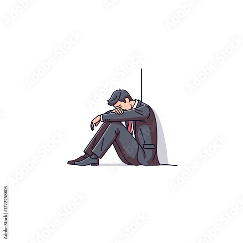 Despondent Businessman Sitting Alone Against a Wall, Overwhelmed