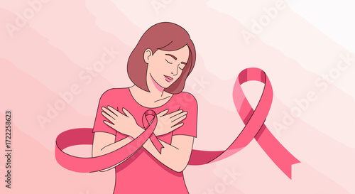 Woman holding her chest with a pink ribbon symbolizing breast cancer awareness
