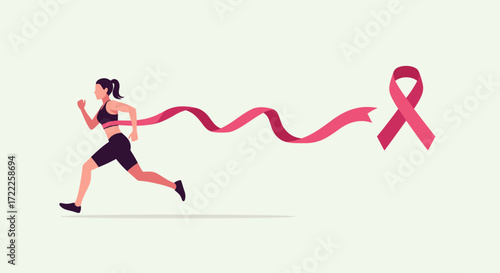 Woman running towards pink ribbon symbolizing breast cancer awareness and hope