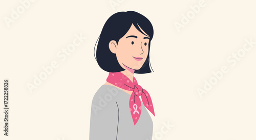 Young woman with short dark hair wearing a pink scarf and grey top