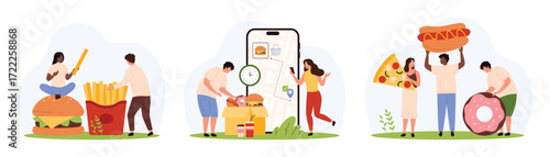 Fast food order and express delivery set. Tiny character holding hotdog, people enjoying takeaway pizza and burger, fries and donut, pin location address on map mobile app cartoon vector illustration