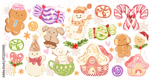 Hand drawn Christmas Candy ,cute Snowman , Cute Christmas Cookie, Mrs Santa Claus, Cookie, Gingerbread ,Coquette pudding, Coquette Pink Bow,Vintage Holiday, Whimsical Xmas Tree ,Girly Xmas