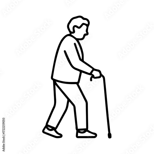Senior man gracefully walking with cane, promoting accessibility and support for elderly individuals, designed with simple line art for clarity and impact