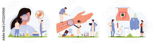 Food allergy set. Tiny people with magnifying glass research allergic reaction on hand allergy test, skin rash symptoms, stomach problems due to seafood intolerance cartoon vector illustration