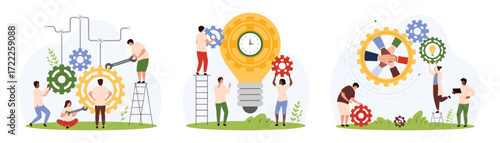Effective cooperation, tech support of smart product and software development set. Tiny people fix engine of cogwheels and light bulb, moving gear with hands of team inside cartoon vector illustration