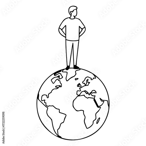Global leader standing confidently atop the world, visualizing international business success and future growth strategies from a global perspective vision