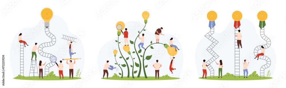 Fototapeta premium Difficult and easy solution, solving tasks strategy set. Tiny people climb career ladder easy and hard way, characters study growing light bulbs with magnifying glass cartoon vector illustration