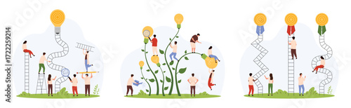 Difficult and easy solution, solving tasks strategy set. Tiny people climb career ladder easy and hard way, characters study growing light bulbs with magnifying glass cartoon vector illustration