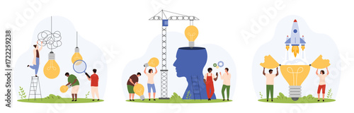 New idea and innovation set. Tiny people launch rocket from open light bulb, put electric lamp inside human head with construction crane, study with magnifying glass cartoon vector illustration