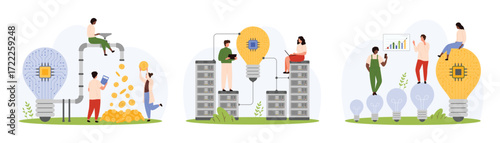Develop and monetize digital project and solution set. Tiny people connect bright light bulb with circuit inside and cloud servers, control flow of money and investment cartoon vector illustration