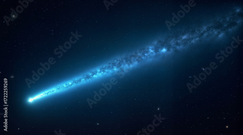 a wide astrophotography-style shot, capturing a comet blazing across a star-filled night sky. The camera framing emphasizes vertical composition, showing the long glowing tail str