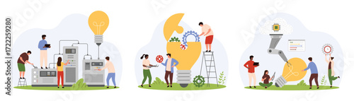 Tech solutions and innovation, digital project and insight set. Tiny people work with smart futuristic machine and robot to design bright light bulb, open lamp with gears cartoon vector illustration