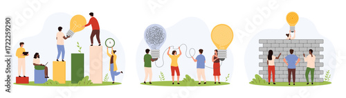 Creative solution, analytics for solving complex problem set. Tiny people brainstorming with light bulb, unravel messy issue for simplification, work for data chart growth cartoon vector illustration