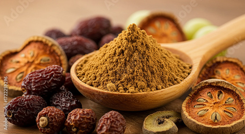 Triphala Powder in Wooden Spoon with Dried Fruits Around
